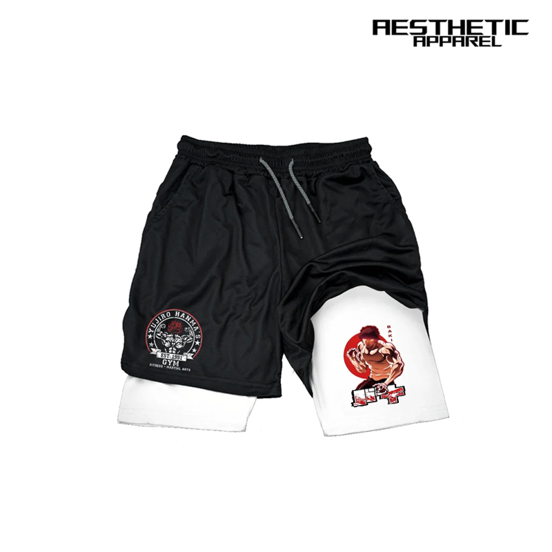 Baki Gym Shorts Men'S Double Layer 2-In-1 Quick Dry Jogging Shorts Muscular Man Compression Running Beach Gym Fitness Sportwear